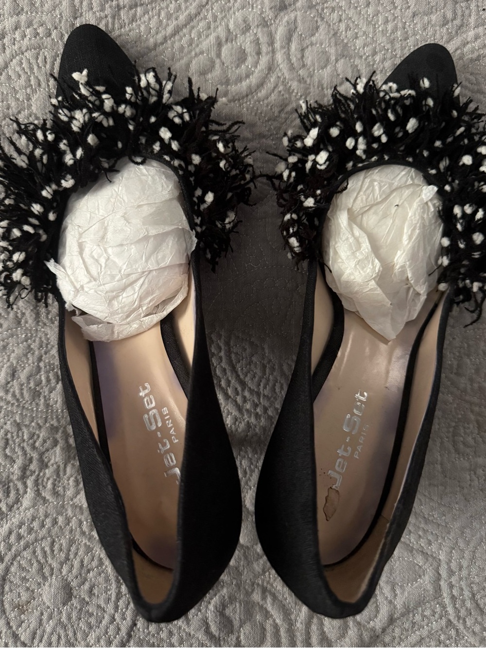 JetSet PARIS vintage Black Pointed-Toe Flats with Fringe Pom Made in Italy
